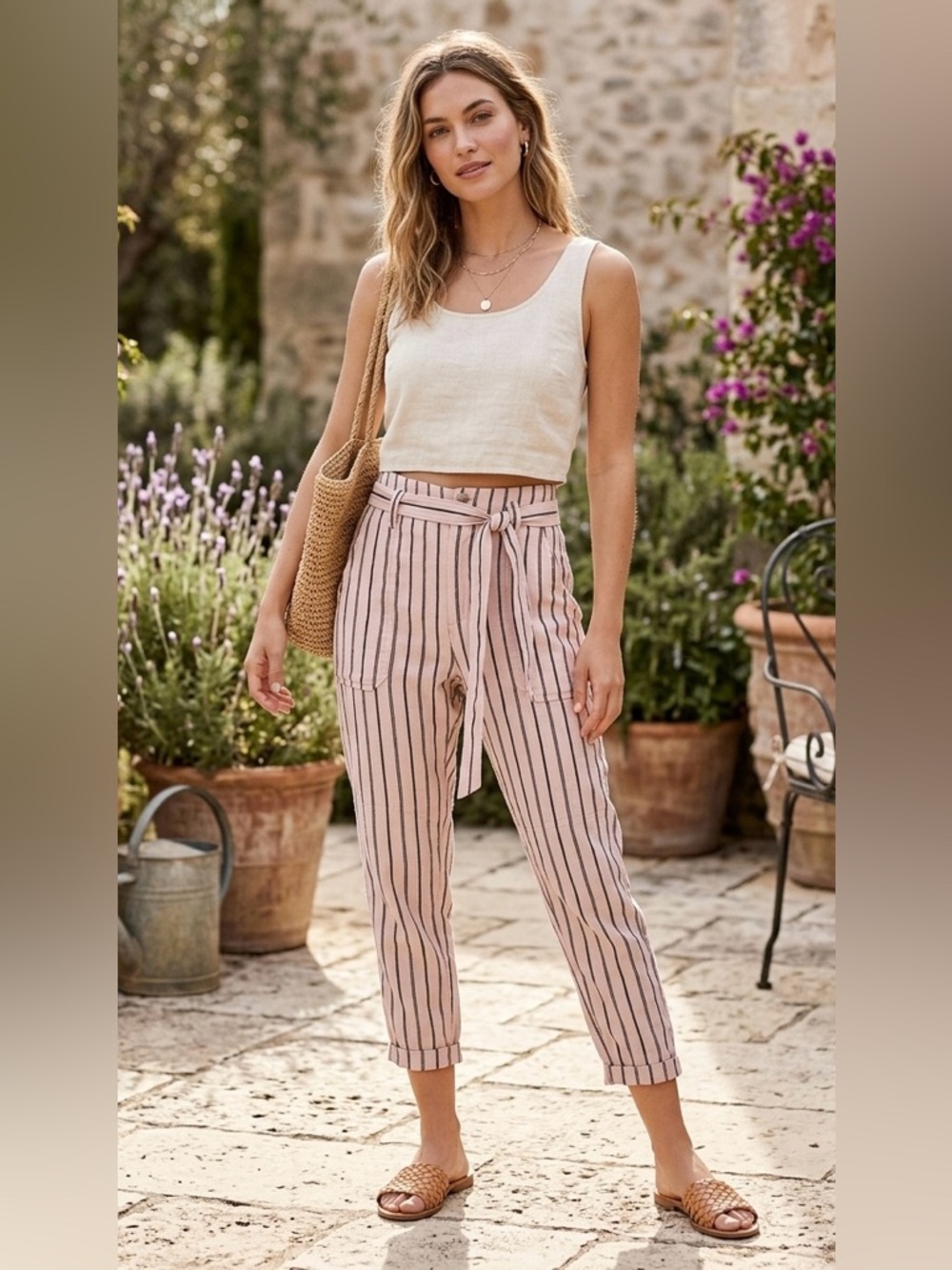 Anthropologie | Cropped Striped Ankle Zip Pants –‎ Pink & Black size 4 91% Linen